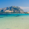 Panoramic view of Mondello shoreline, Sicily, Italy.